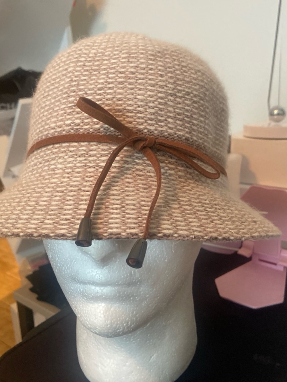 Womens Beige Knit Cloche Hat with Brown Tie